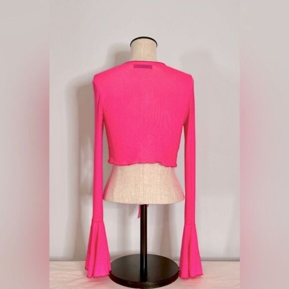 SHEIN ICON Hot Pink Lettuce Trim Knot Front Flare Sleeve Crop Top size XS - Picture 3 of 13